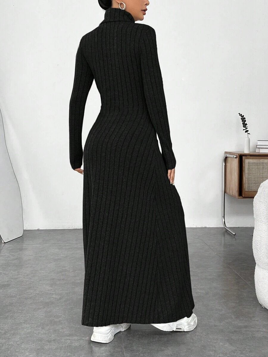 European and American Cross-Border Autumn and Winter Women's Clothing, Slim-Fitting High Collar, Fashionable Solid Color Pit Strip Brushed Long-Sleeved Dress for Women