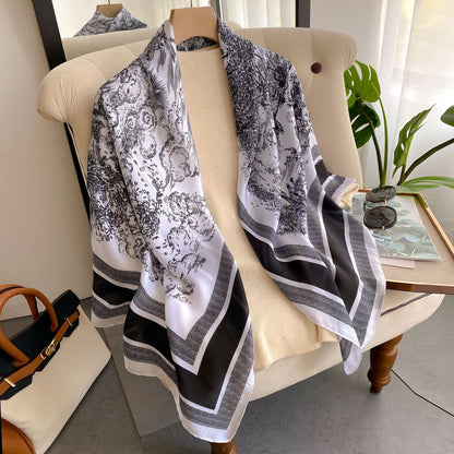 New Faux Silk Scarf for Women 110cm Square Scarf Versatile Printed Decorative Sun Protection Shawl Summer Bandana Wrap