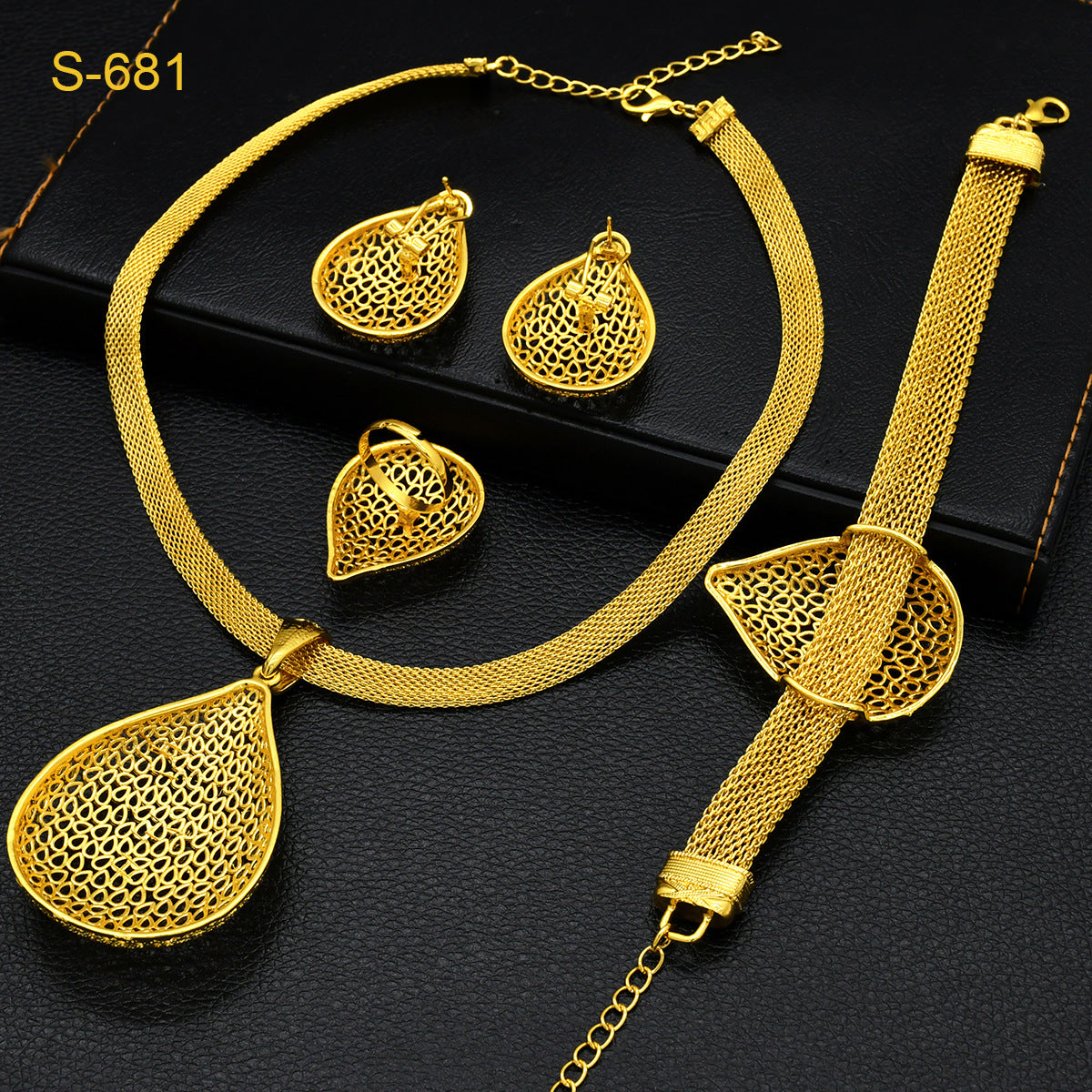 24K Gold Dubai Explosions Bride Four-piece Flower Rhinestone Jewelry Alloy Necklace Bracelet Earrings Ring