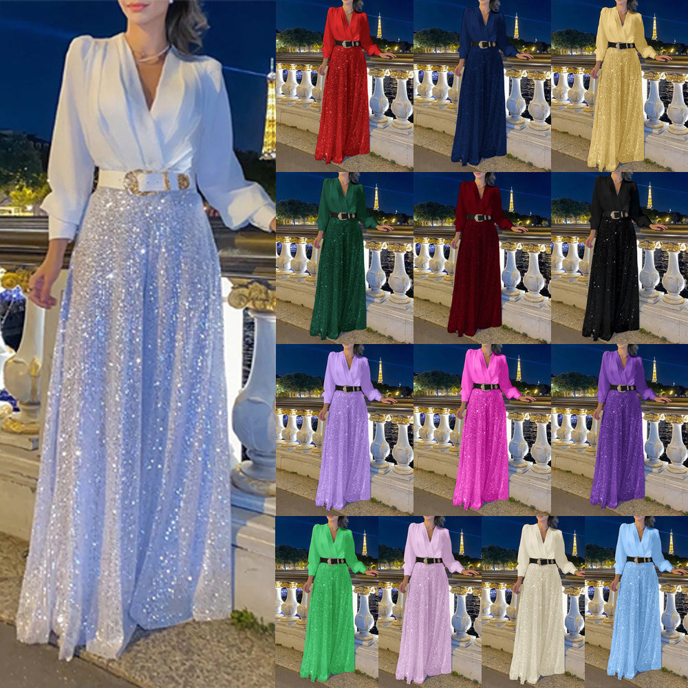 2025 Dress Women's Spring & Fall High-End V Neck Long-Sleeved Shirt Elegant Waist Sequin French Wide-Leg Pants
