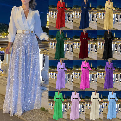 2025 Dress Women's Spring & Fall High-End V Neck Long-Sleeved Shirt Elegant Waist Sequin French Wide-Leg Pants