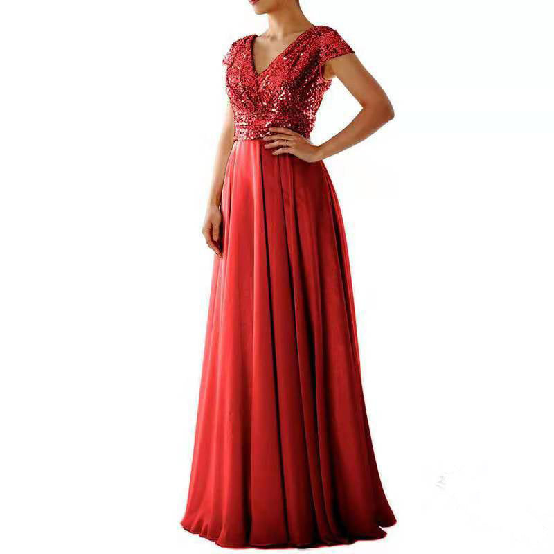 2025 Cross-Border New Spring and Summer European and American Clothing Sleeveless Dress V Neck Sequined Elegant Chiffon Splicing Evening Dress