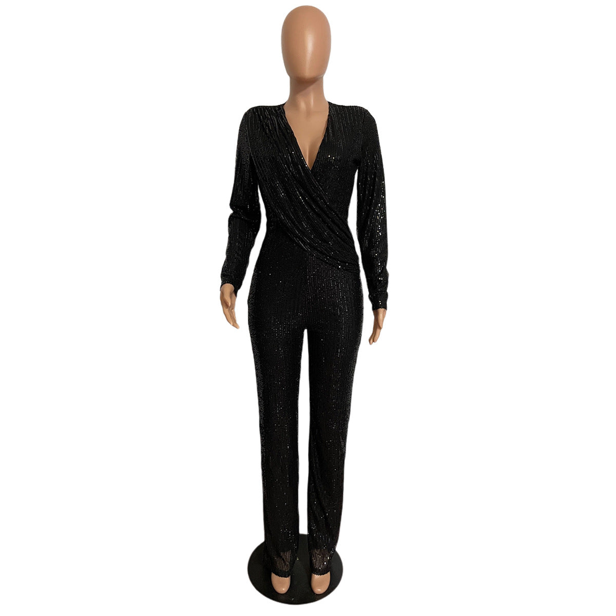 Women Jumpsuits V Neck Rompers Overalls One Piece Formal High Waist Pullover Sexy Sequins Solid Full Length Spring 2024
