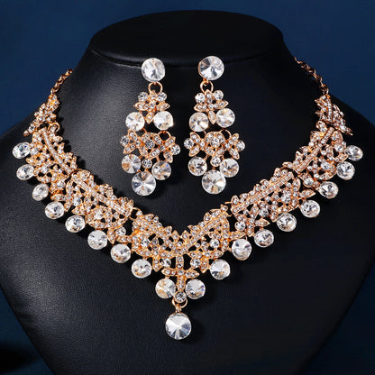European and American Bride Jewelry Three-piece Suit High-class Dance Wedding Jewelry Alloy Diamond Crown Necklace Earrings suit