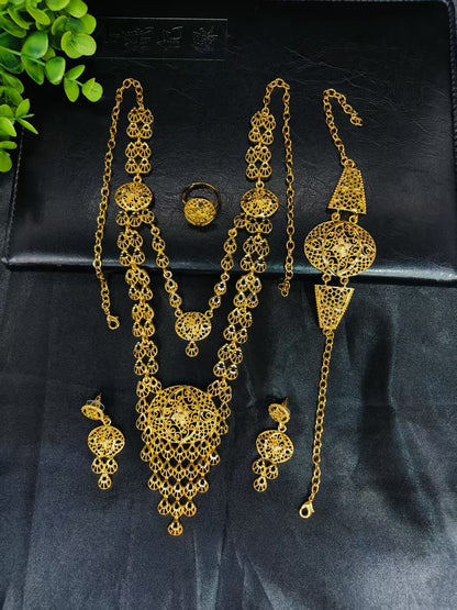 Cross-Border Hot Selling Dubai Luxury 24K Jewelry Necklace Earrings Ring Bracelet Four-Piece Bridal Wedding Tassel Set