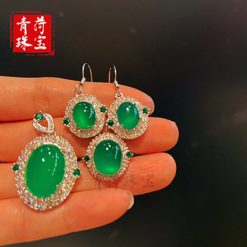 New Chinese Style Chrysoprase Pendant Ring Earrings Jade Pendant Jewelry Three-Piece Set Simple Retro Agate Inlay
