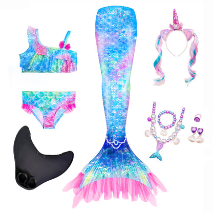 Girls' Mermaid Swimsuit Three-Piece Set Mermaid Tail Cross-Border Popular Bikini Swimsuit Beach Swimwear Shiny