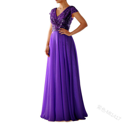 2025 Cross-Border New Spring and Summer European and American Clothing Sleeveless Dress V Neck Sequined Elegant Chiffon Splicing Evening Dress