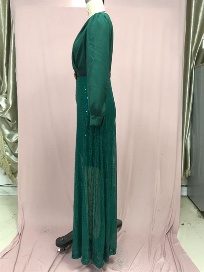 2025 Dress Women's Spring & Fall High-End V Neck Long-Sleeved Shirt Elegant Waist Sequin French Wide-Leg Pants