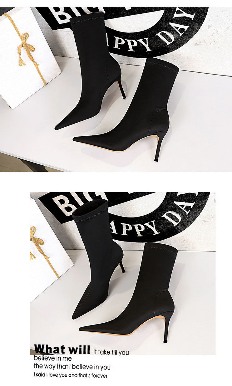 BIGTREE Shoes Stiletto Sexy Elastic Boots Women Shoes Sexy Stretch Fabric Ankle Boots Pointed Tip High Heels Boots Plus Size 43