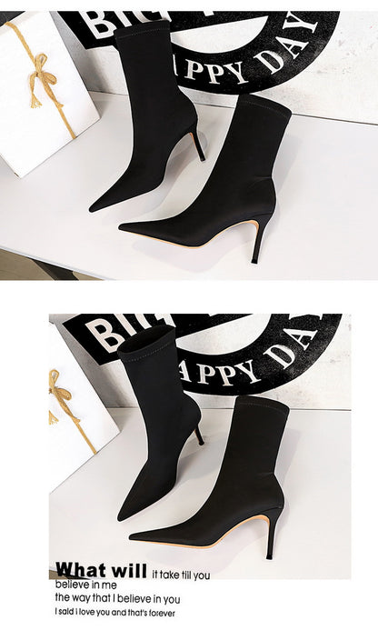 BIGTREE Shoes Stiletto Sexy Elastic Boots Women Shoes Sexy Stretch Fabric Ankle Boots Pointed Tip High Heels Boots Plus Size 43