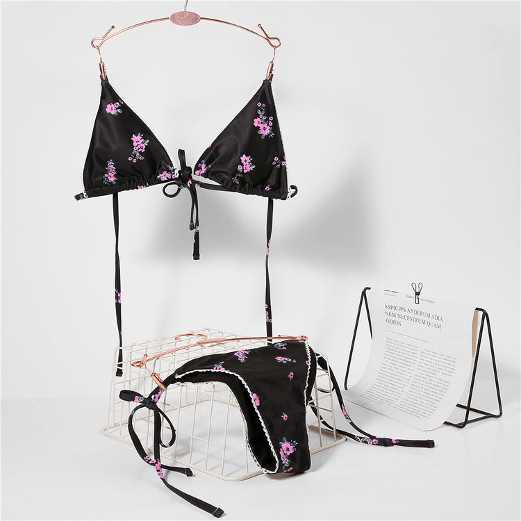 Cross-Border European and American Floral Bikini Lace Swimsuit Lace-Up Bikini Beach Split Swimsuit Women's Tube Top in Stock