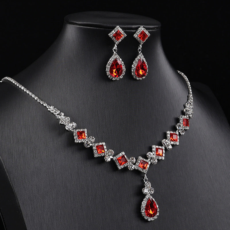 Cross-border New Square Simple Rhinestone Drop Jewelry suit Banquet Wedding Elegant Accessories Necklace