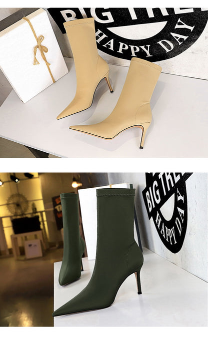 BIGTREE Shoes Stiletto Sexy Elastic Boots Women Shoes Sexy Stretch Fabric Ankle Boots Pointed Tip High Heels Boots Plus Size 43