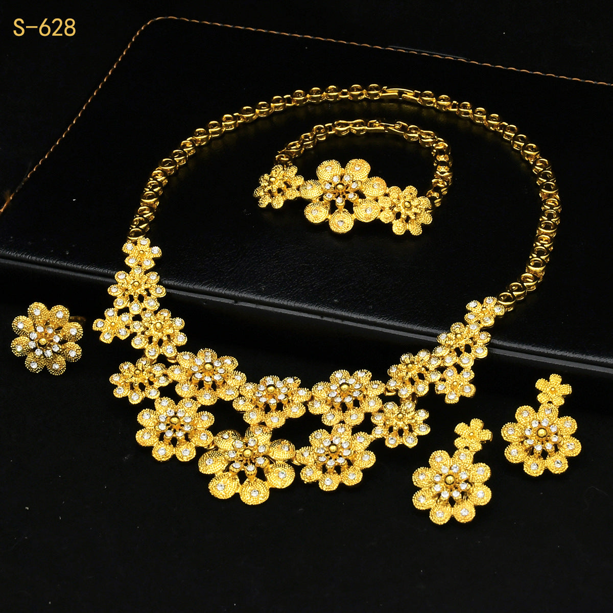 24K Gold Dubai Explosions Bride Four-piece Flower Rhinestone Jewelry Alloy Necklace Bracelet Earrings Ring