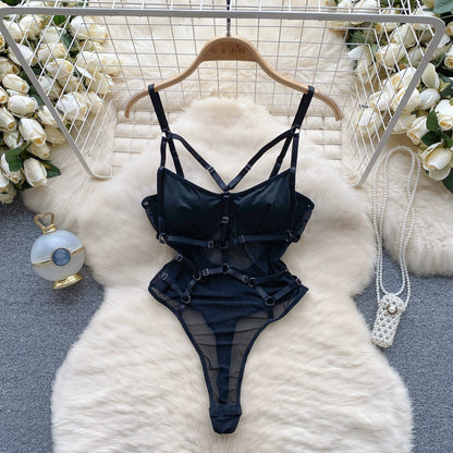 CHILLGIO Women Sexy Lace Strappy Rompers Lingerie One Piece Combination Bodycon Catsuits Sheer Fashion Solid Push Up Bodysuits
