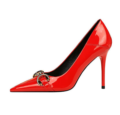 Luxury Women Pumps Metal Belt Buckle High Heels Patent Leather Women Heels Stilettos Career OL Office Shoes Plus Size 41 42 43