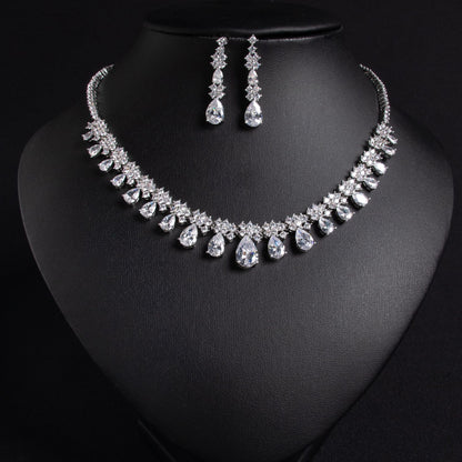 Japanese and Korean style clavicle chain simple new zircon water drop necklace dress temperament earrings jewelry two-piece bridal jewelry