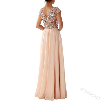 2025 Cross-Border New Spring and Summer European and American Clothing Sleeveless Dress V Neck Sequined Elegant Chiffon Splicing Evening Dress