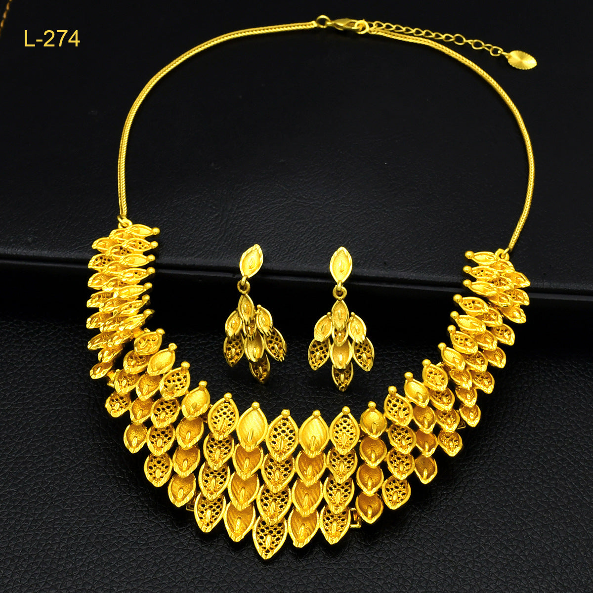 Imitation gold flower necklace earrings suit Dubai India Nigeria brass gold plated women wedding jewelry lot