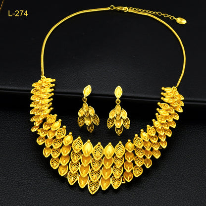 Imitation gold flower necklace earrings suit Dubai India Nigeria brass gold plated women wedding jewelry lot