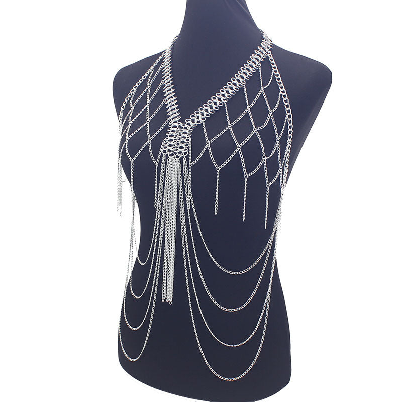 European and American Cross-Border Jewelry Women's Metal Mesh Cut Out Tassel Multi-Layer Chest Chain Nightclub Performance Fashion Clothing Accessories
