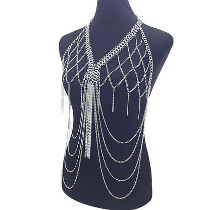 European and American Cross-Border Jewelry Women's Metal Mesh Cut Out Tassel Multi-Layer Chest Chain Nightclub Performance Fashion Clothing Accessories