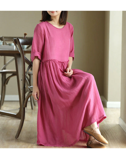 2023 New Summer Cotton Linen dress Women's High Waist Slimming Artistic Loose Retro Seven-Sleeve Round Neck Dress