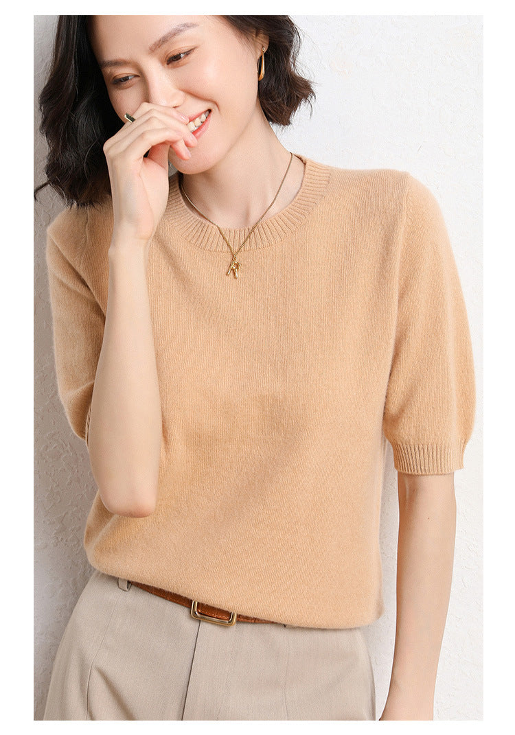 2025 Spring and Summer New Style Knitted Short-Sleeved Women's Round Neck Bottoming Knitted Pullover Half-Sleeved Sweater Loose Bottoming Sweater