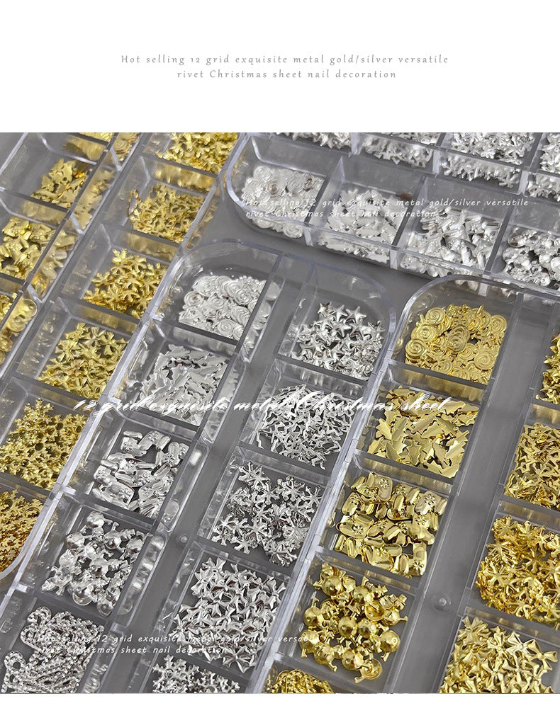 Christmas Rivet Nail Art Jewelry Long Box Special-Shaped Snowflake Alloy Flats Bottom Diamond Metal Nail Jewelry Stickers 12 Grids