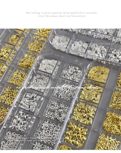 Christmas Rivet Nail Art Jewelry Long Box Special-Shaped Snowflake Alloy Flats Bottom Diamond Metal Nail Jewelry Stickers 12 Grids