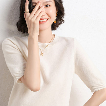 2025 Spring and Summer New Style Knitted Short-Sleeved Women's Round Neck Bottoming Knitted Pullover Half-Sleeved Sweater Loose Bottoming Sweater