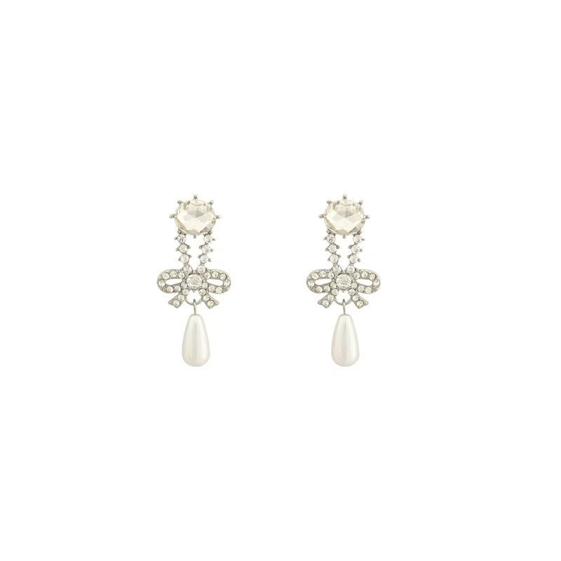 Wholesale Full Diamond Bow Pearl Long Earrings for Women French Sweet High-End Earrings Retro Ear Jewelry 106