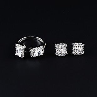 Amazon Fashion Cross-border New Square Long Zircon Earrings Ring Necklace Jewelry Three-piece Set j6138