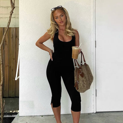 BKQU Casual Simple Halter Playsuits Women Solid Low-Neck Backless Stretch Skinny One Piece Rompers Yogo Sporty Classic Overalls