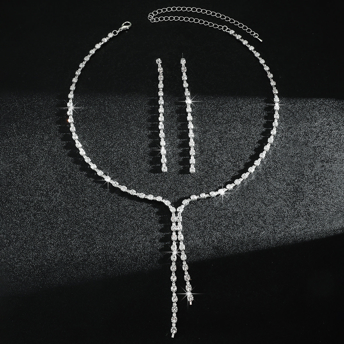 Fashion Popular Jewelry Exquisite Sparkling Rhinestone Tassel Long Necklace Earrings Set Bridal Party Jewelry
