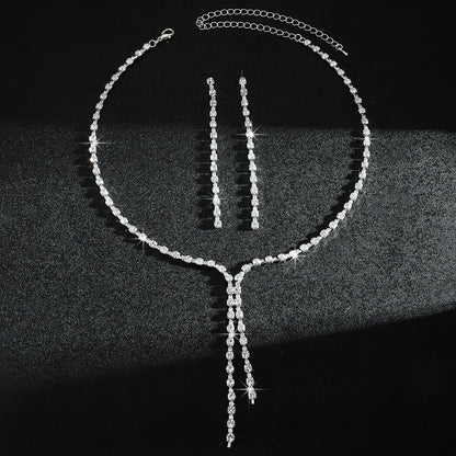 Fashion Popular Jewelry Exquisite Sparkling Rhinestone Tassel Long Necklace Earrings Set Bridal Party Jewelry