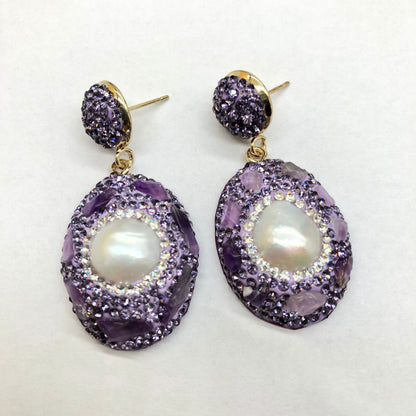 Purple Snakeskin Pearl Jewelry suit Ring Earrings Bracelet Women's Handmade Inlaid Amethyst Diamond Personality Fashion