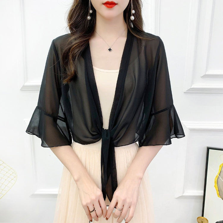 Sunscreen Cardigan Women's Spring and Summer Shawl Outer Blouse Thin Jacket with Sling Skirt Chiffon Small Waistcoat