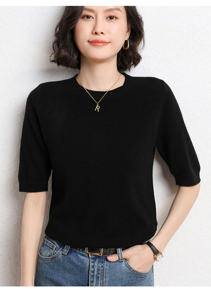 2025 Spring and Summer New Style Knitted Short-Sleeved Women's Round Neck Bottoming Knitted Pullover Half-Sleeved Sweater Loose Bottoming Sweater