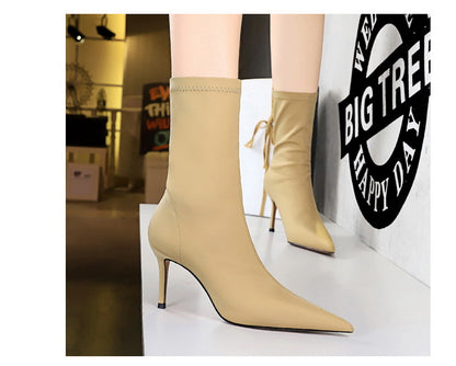 BIGTREE Shoes Stiletto Sexy Elastic Boots Women Shoes Sexy Stretch Fabric Ankle Boots Pointed Tip High Heels Boots Plus Size 43