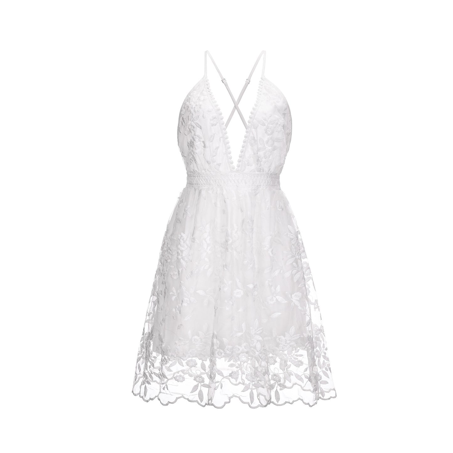 Cross-Border 2023 Summer New European and American Sexy Deep V Neck Backless Suspender Dress Amazon Lace Beach Dress