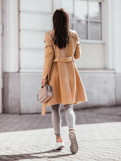 2026 Autumn/Winter European and American New Cross-Border Women's Clothing Amazon Woolen Coat Solid Color Tie-Up Mid-Length Woolen Jacket