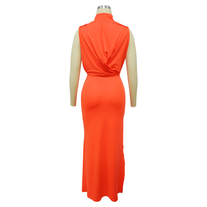 CM.YAYA Women O-neck High Split Ruched Stacked Bodycon Midi Maxi Dress 2024 Evening Party Club Vestidos Sexy Chic Long Dresses