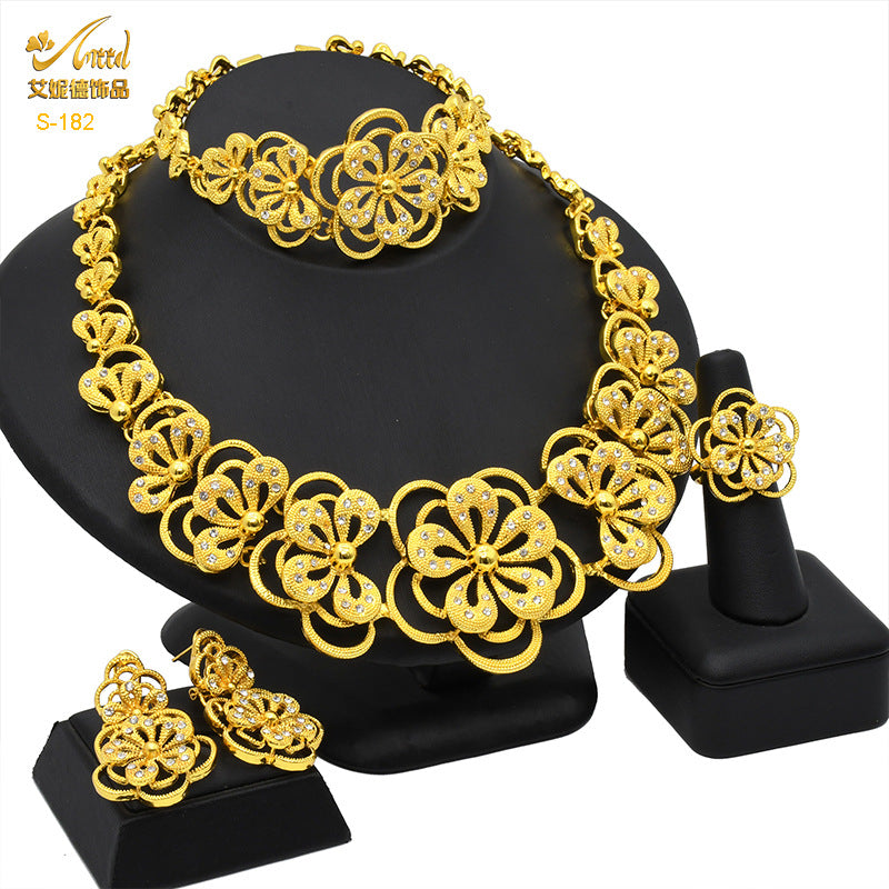 Cross-border hot selling four-piece Indian Dubai gold jewelry necklace bracelet ring earrings bridal wedding big jewelry