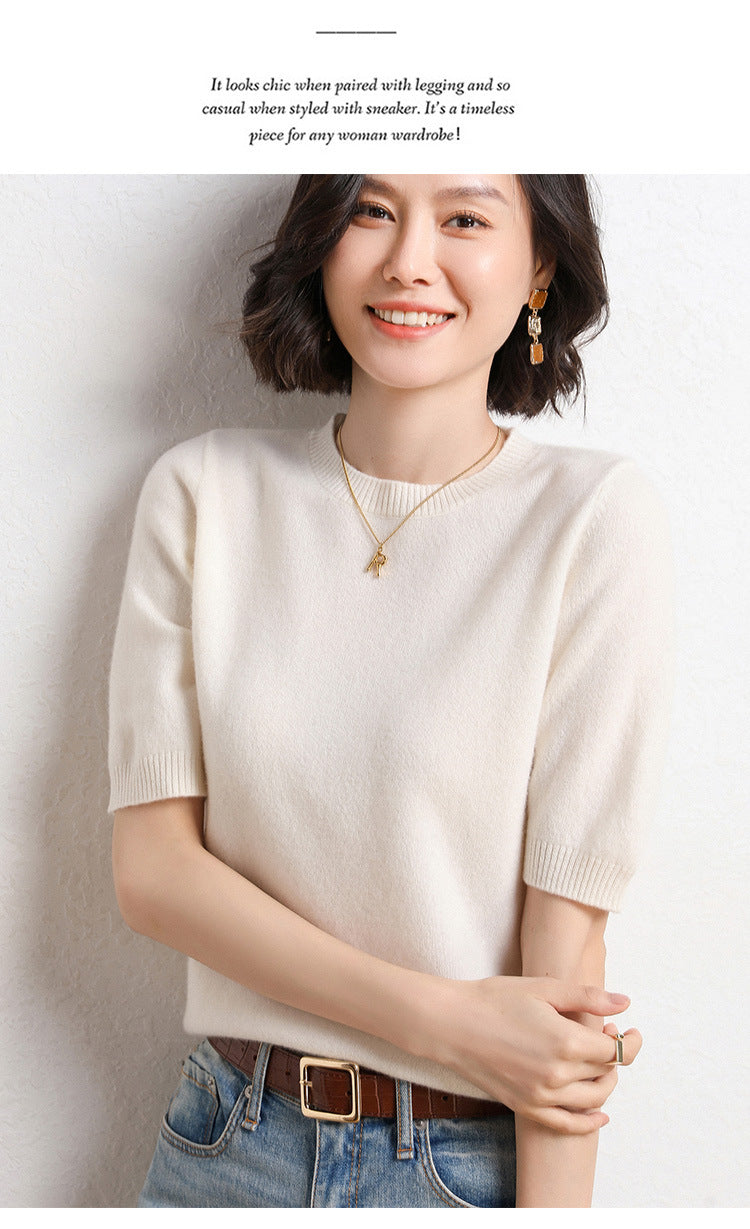 2025 Spring and Summer New Style Knitted Short-Sleeved Women's Round Neck Bottoming Knitted Pullover Half-Sleeved Sweater Loose Bottoming Sweater