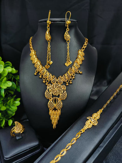 Cross-Border Hot Selling Dubai Luxury 24K Jewelry Necklace Earrings Ring Bracelet Four-Piece Bridal Wedding Tassel Set