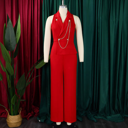 CMYAYA Elegant Womenv-neck High Waist Straight Sleeveless Blazer Jumpsuits 2024 Fall Street Chain Office Lady Party Rompers