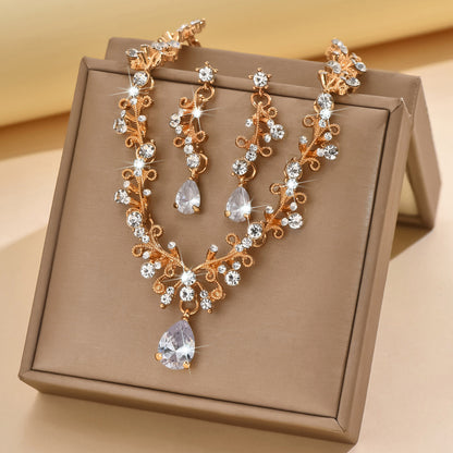 Foreign Trade Jewelry Wholesale Alloy Rhinestone Wedding Necklace Earrings Bridal Wedding Jewelry Banquet Ladies Necklace Set