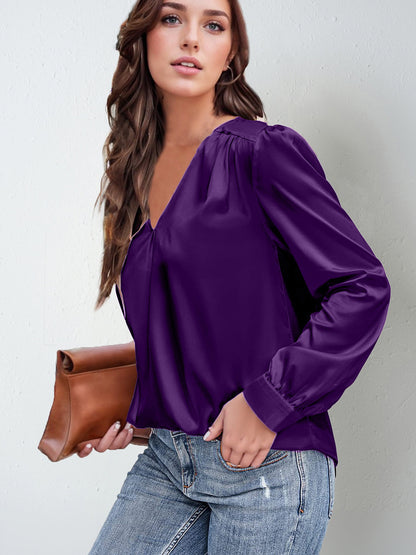 2026 Amazon Hot-Selling Women's Clothing Satin Pleated Long-Sleeve Top V-Neck Casual Loose Satin Commuter Shirt